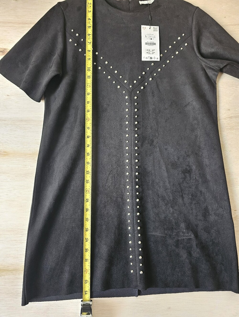 Zara Faux Suede Studded Mini Dress Black Short Sleeve Size L NWT - Picture 8 of 10
